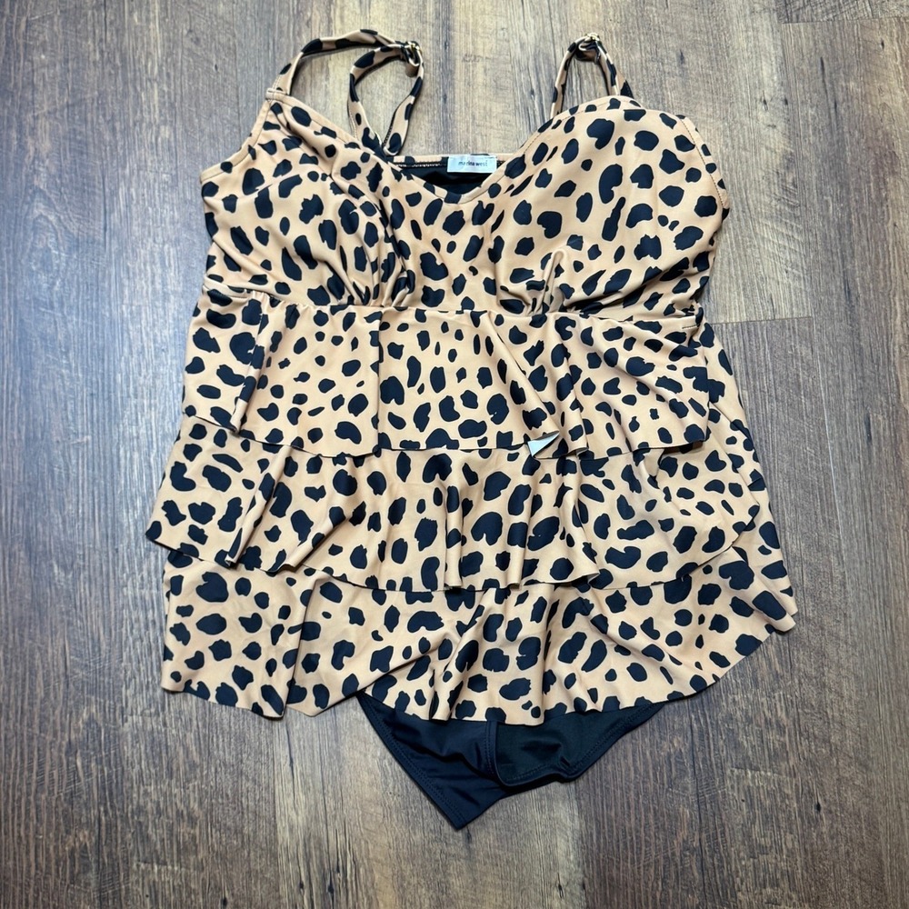 Marina West‎ Womens XXL Leopard Print Tiered Ruffle Tankini Swimsuit Set Black